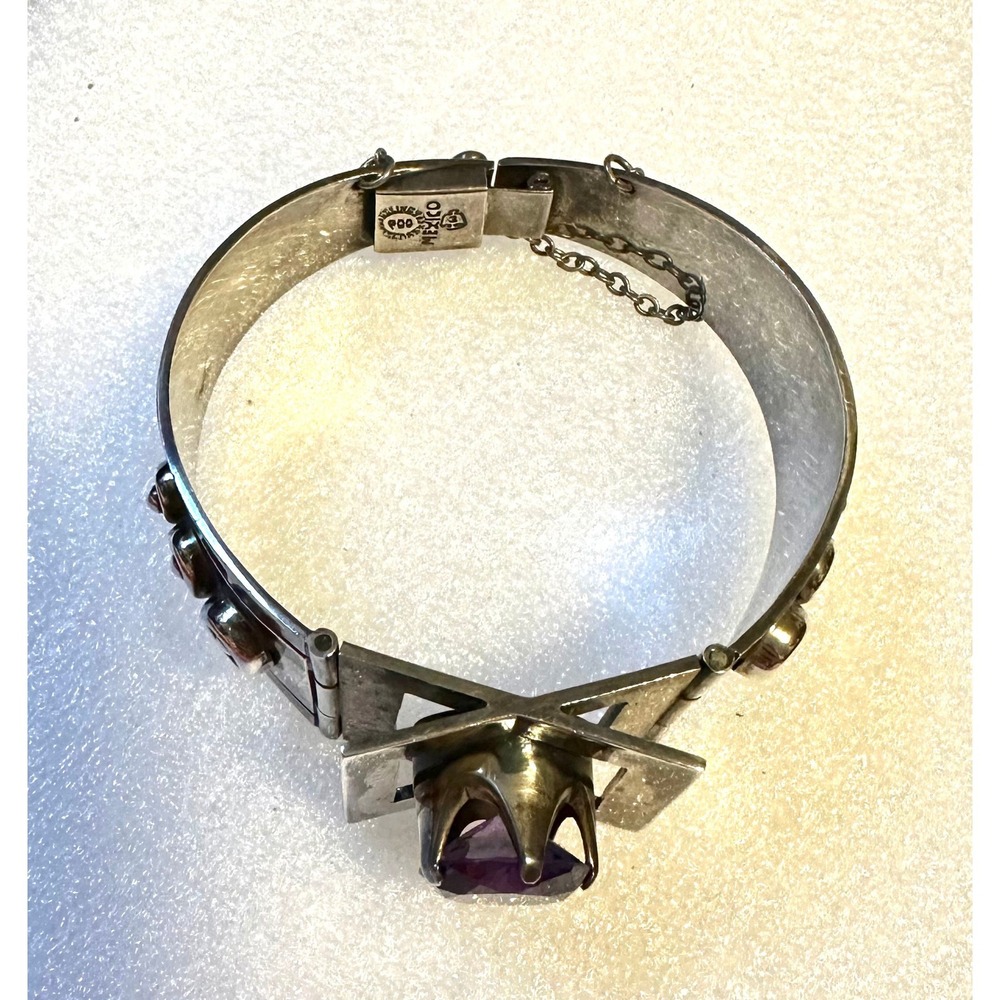 Vintage Mexico Sterling Silver & Amethyst Modernist Cuff Hinged Bracelet - Picture 4 of 9